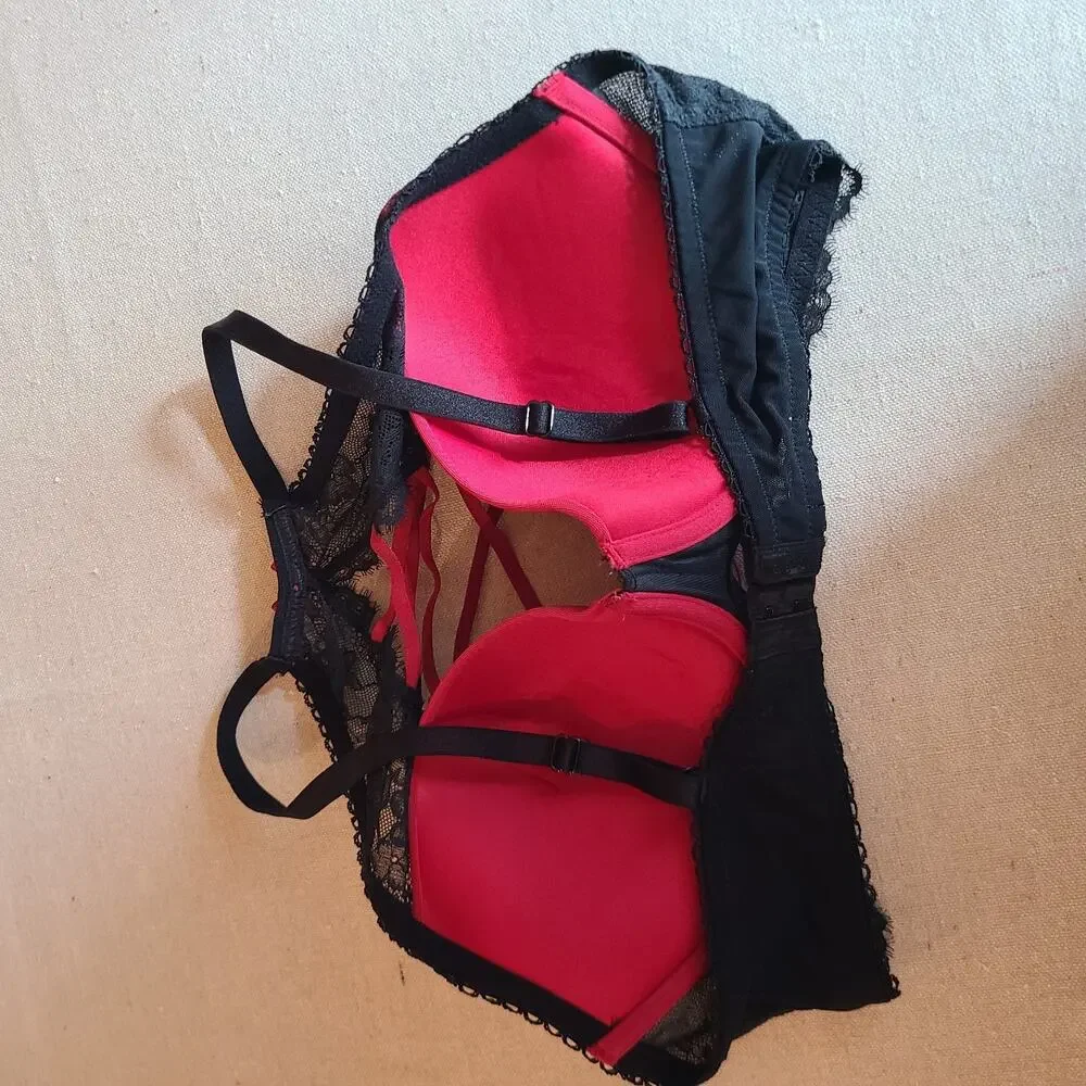Adore Me Milena Underwire Push Up Bra Red Black Lace High Neck Coquette Size 36D